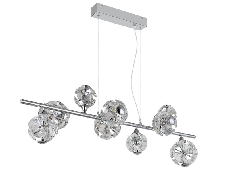 LED Pendelleuchte VIRINA 9-flammig Silber mit Kristall Glaskugeln, Breite 101cm