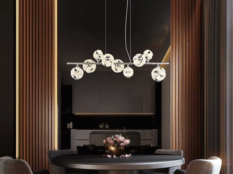 LED Pendelleuchte VIRINA 9-flammig Silber mit Kristall Glaskugeln, Breite 101cm