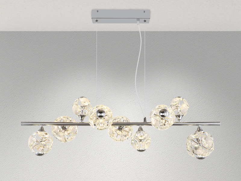 LED Pendelleuchte VIRINA 9-flammig Silber mit Kristall Glaskugeln, Breite 101cm