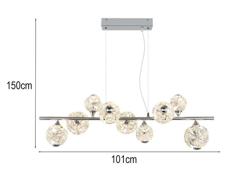 LED Pendelleuchte VIRINA 9-flammig Silber mit Kristall Glaskugeln, Breite 101cm