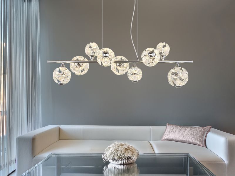 LED Pendelleuchte VIRINA 9-flammig Silber mit Kristall Glaskugeln, Breite 101cm