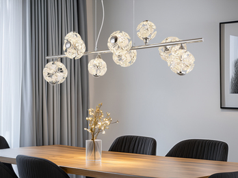 LED Pendelleuchte VIRINA 9-flammig Silber mit Kristall Glaskugeln, Breite 101cm