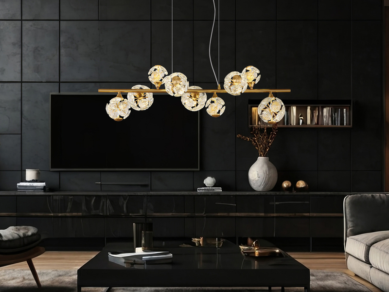 LED Pendelleuchte VIRINA 9-flammig Gold mit Kristall Glaskugeln, Breite 101cm