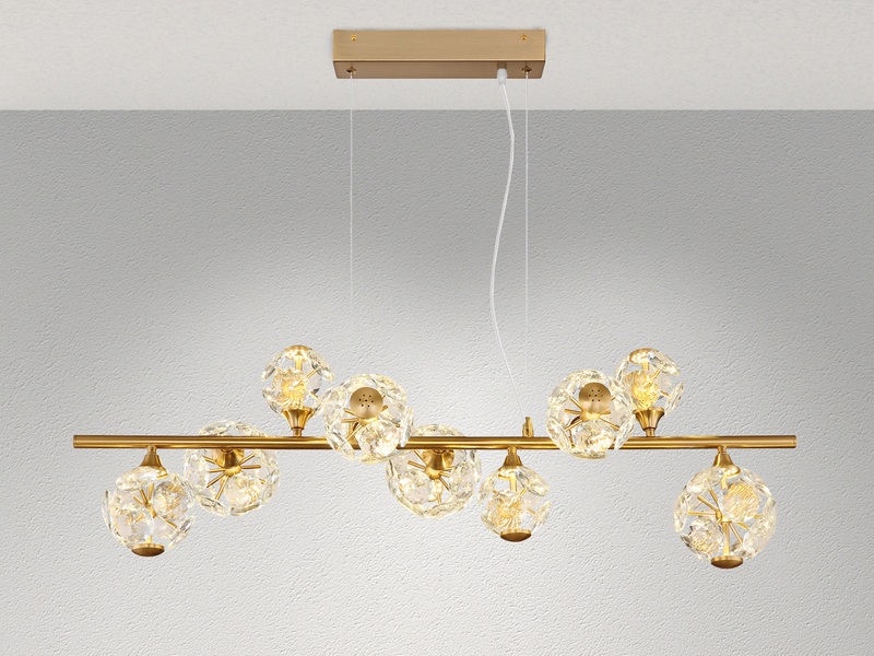 LED Pendelleuchte VIRINA 9-flammig Gold mit Kristall Glaskugeln, Breite 101cm