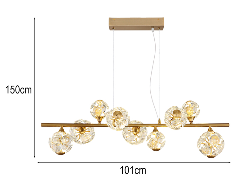 LED Pendelleuchte VIRINA 9-flammig Gold mit Kristall Glaskugeln, Breite 101cm