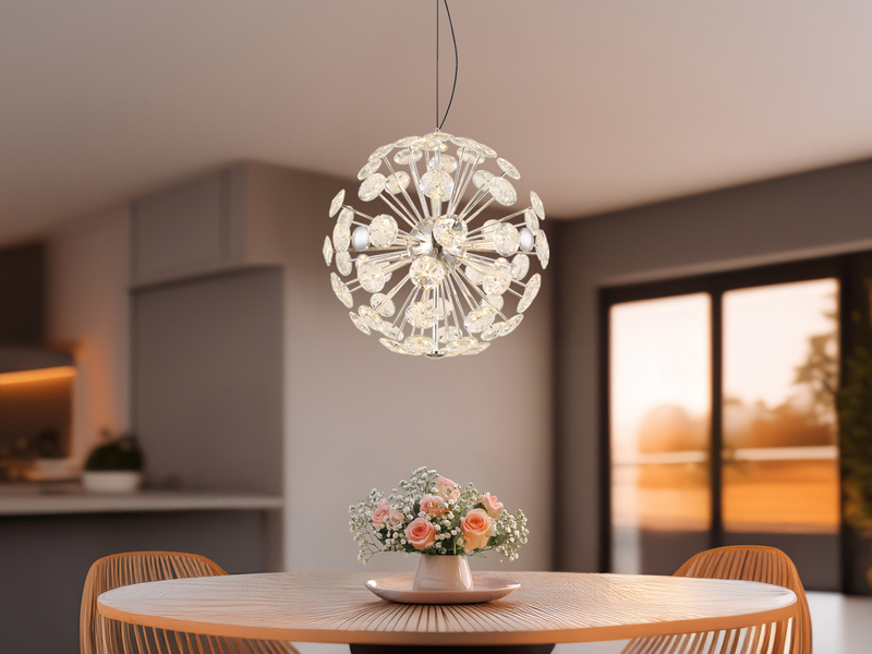 Große LED Pendelleuchte VIRINA Silber Kugellampe aus K9 Kristallen, Ø 45cm