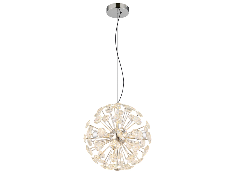 Große LED Pendelleuchte VIRINA Silber Kugellampe aus K9 Kristallen, Ø 45cm