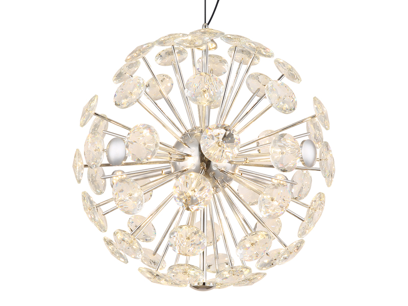 Große LED Pendelleuchte VIRINA Silber Kugellampe aus K9 Kristallen, Ø 45cm