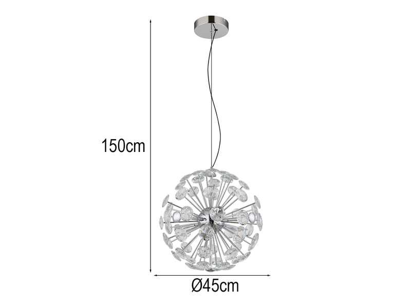 Große LED Pendelleuchte VIRINA Silber Kugellampe aus K9 Kristallen, Ø 45cm