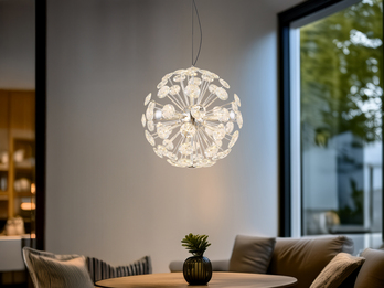 Große LED Pendelleuchte VIRINA Silber Kugellampe aus K9 Kristallen, Ø 45cm