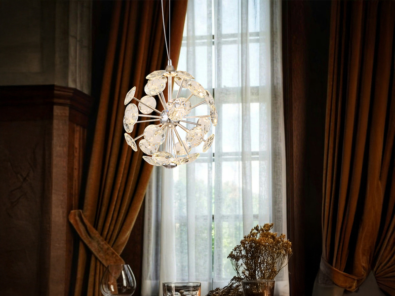 LED Pendelleuchte VIRINA Silber Kugellampe aus K9 Kristallen, Ø 28cm