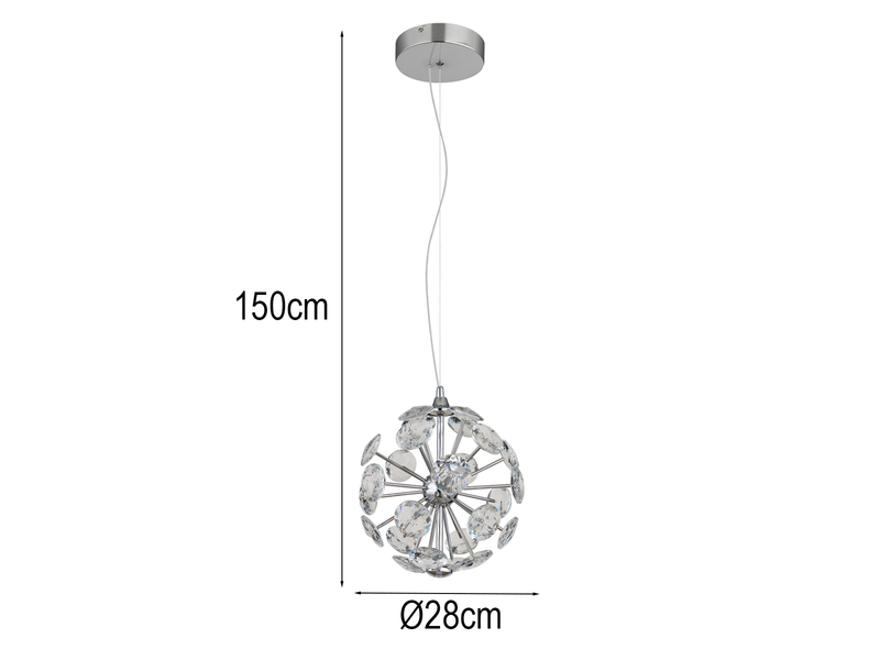LED Pendelleuchte VIRINA Silber Kugellampe aus K9 Kristallen, Ø 28cm