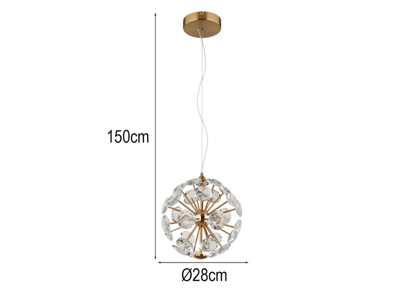 LED Pendelleuchte VIRINA Gold Kugellampe aus K9 Kristallen, Ø 28cm