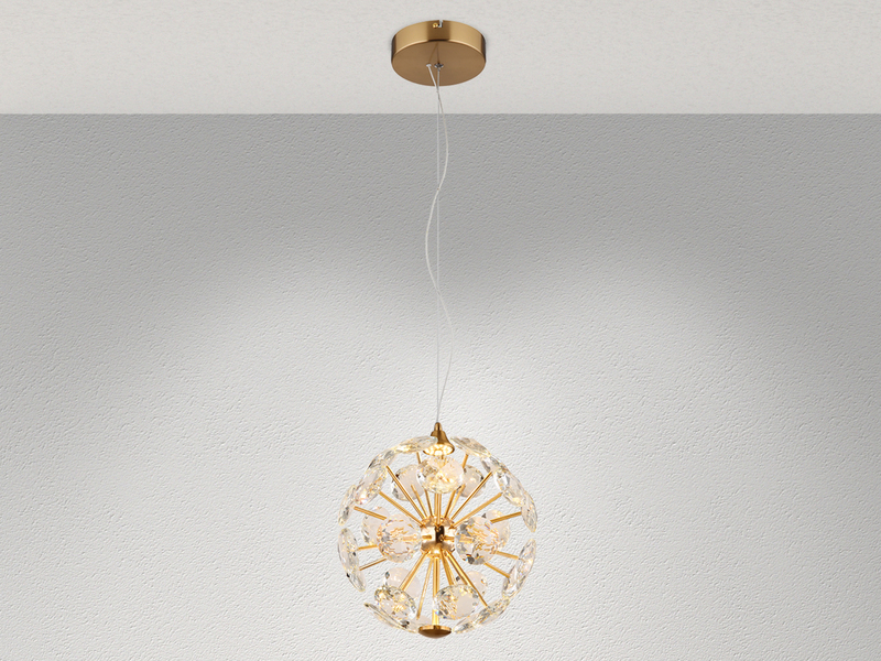 LED Pendelleuchte VIRINA Gold Kugellampe aus K9 Kristallen, Ø 28cm