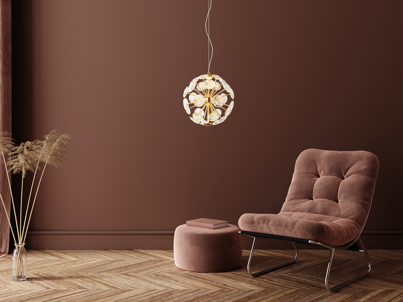 LED Pendelleuchte VIRINA Gold Kugellampe aus K9 Kristallen, Ø 28cm