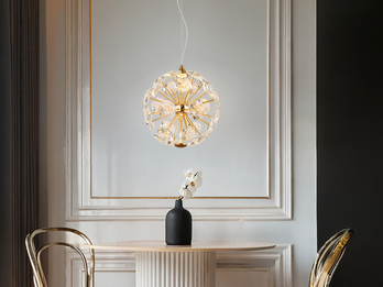 LED Pendelleuchte VIRINA Gold Kugellampe aus K9 Kristallen, Ø 28cm