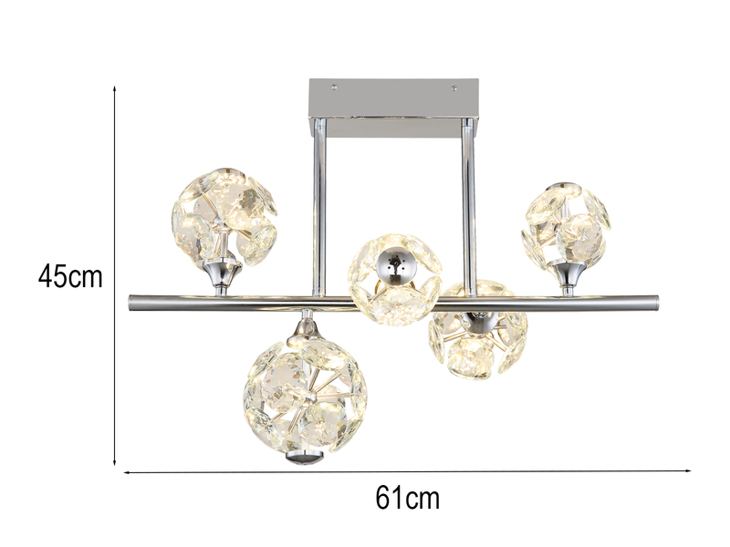 LED Deckenleuchte VIRINA 5-flammig Silber mit Kristall Glaskugeln, Breite 61cm
