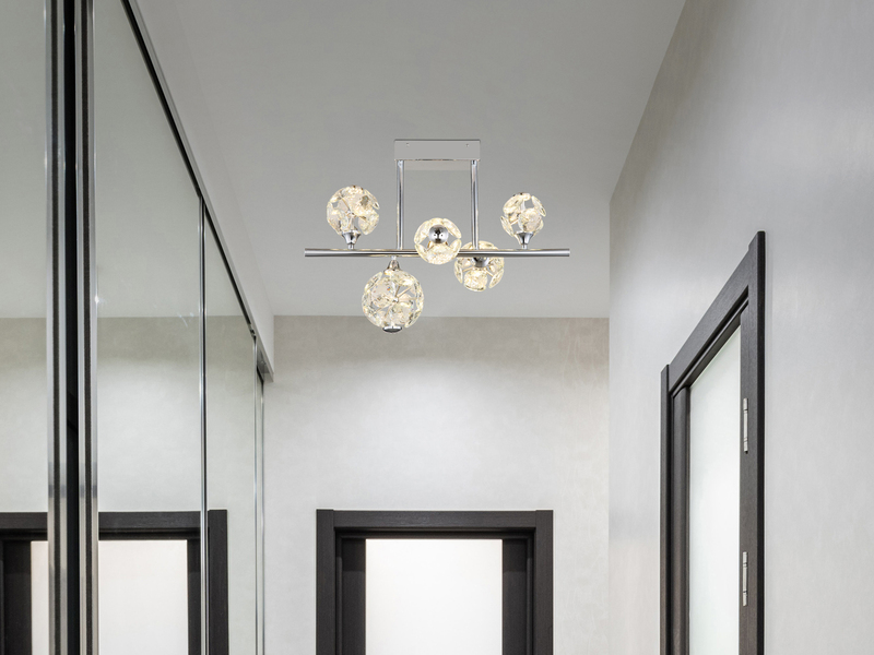 LED Deckenleuchte VIRINA 5-flammig Silber mit Kristall Glaskugeln, Breite 61cm