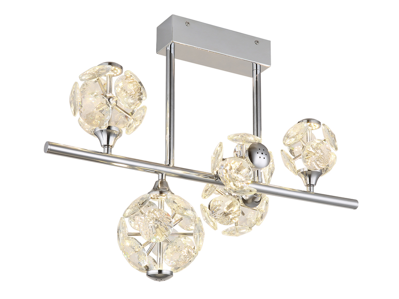 LED Deckenleuchte VIRINA 5-flammig Silber mit Kristall Glaskugeln, Breite 61cm