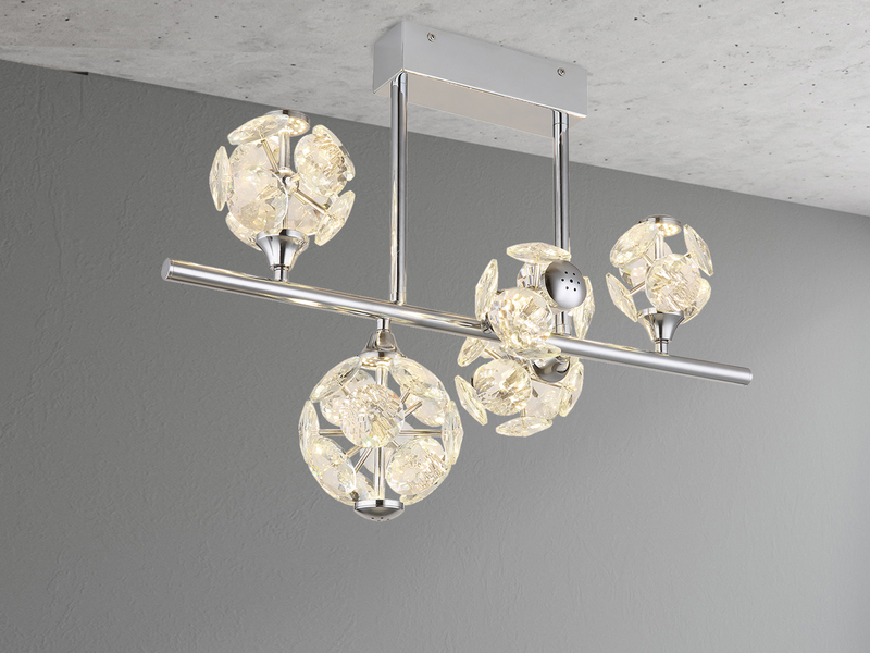 LED Deckenleuchte VIRINA 5-flammig Silber mit Kristall Glaskugeln, Breite 61cm