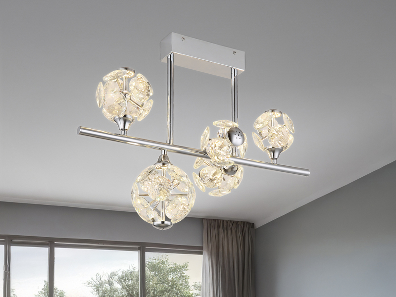 LED Deckenleuchte VIRINA 5-flammig Silber mit Kristall Glaskugeln, Breite 61cm