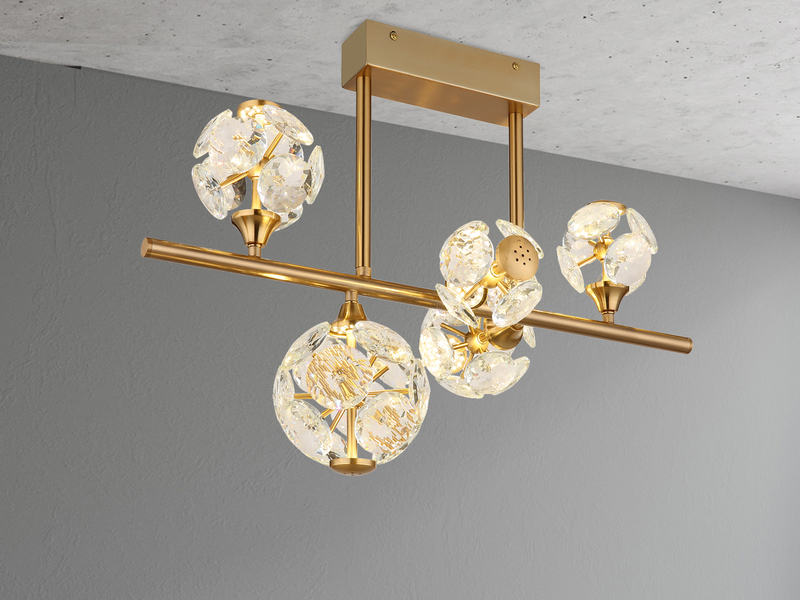LED Deckenleuchte VIRINA 5-flammig Gold mit Kristall Glaskugeln, Breite 61cm