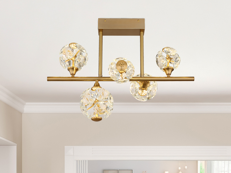 LED Deckenleuchte VIRINA 5-flammig Gold mit Kristall Glaskugeln, Breite 61cm