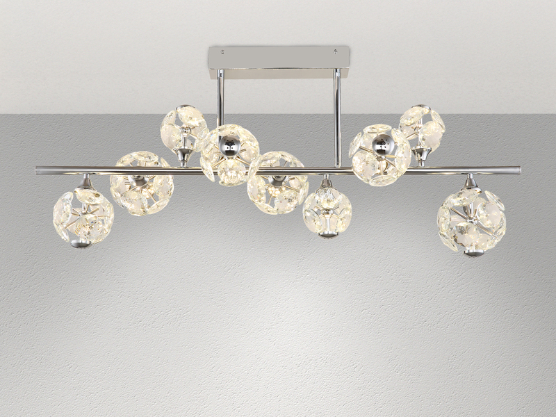 LED Deckenleuchte VIRINA 9-flammig Silber mit Kristall Glaskugeln, Breite 101cm