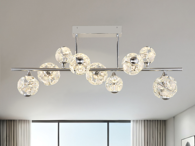 LED Deckenleuchte VIRINA 9-flammig Silber mit Kristall Glaskugeln, Breite 101cm
