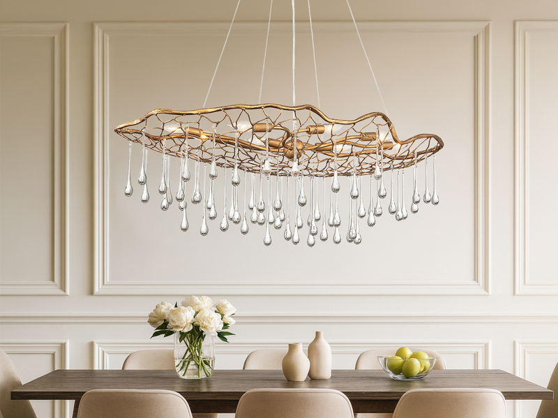 Ausgefallene große LED Pendelleuchte Gold matt mit Glas Behang, Breite 107cm