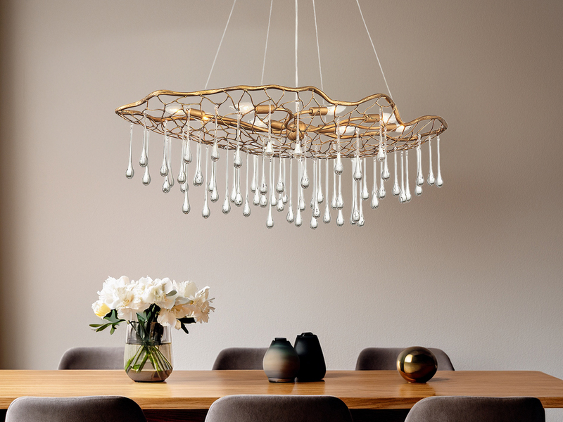 Ausgefallene große LED Pendelleuchte Gold matt mit Glas Behang, Breite 107cm