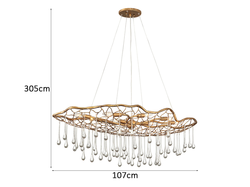 Ausgefallene große LED Pendelleuchte Gold matt mit Glas Behang, Breite 107cm