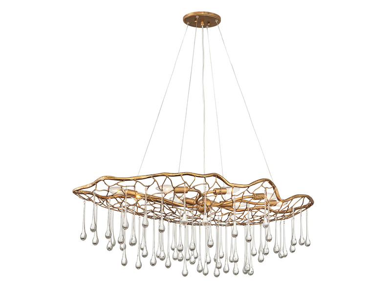 Ausgefallene große LED Pendelleuchte Gold matt mit Glas Behang, Breite 107cm