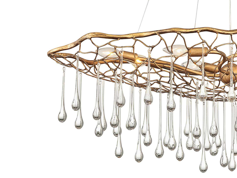 Ausgefallene große LED Pendelleuchte Gold matt mit Glas Behang, Breite 107cm