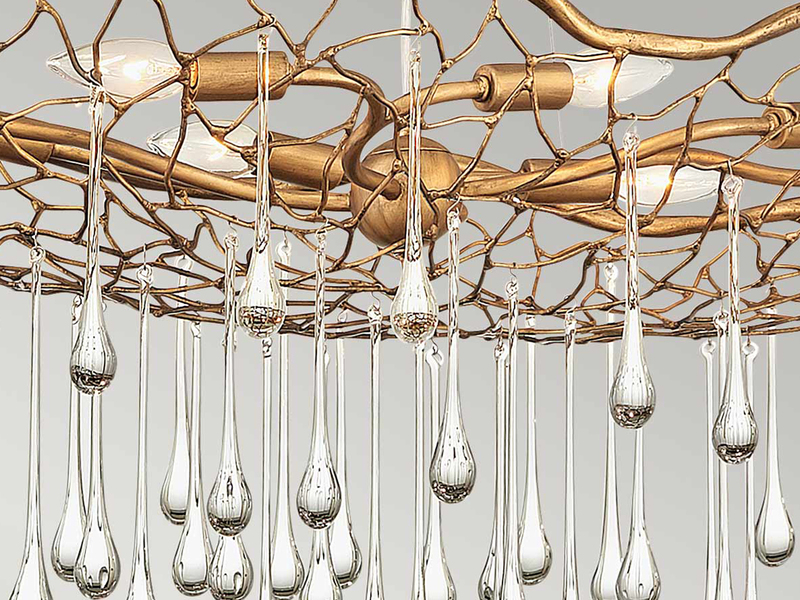 Ausgefallene große LED Pendelleuchte Gold matt mit Glas Behang, Breite 107cm