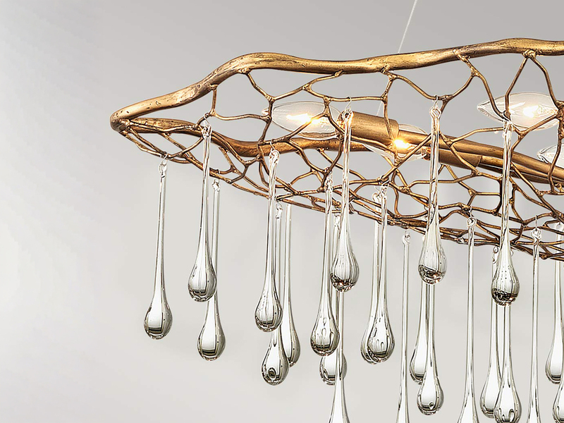 Ausgefallene große LED Pendelleuchte Gold matt mit Glas Behang, Breite 107cm