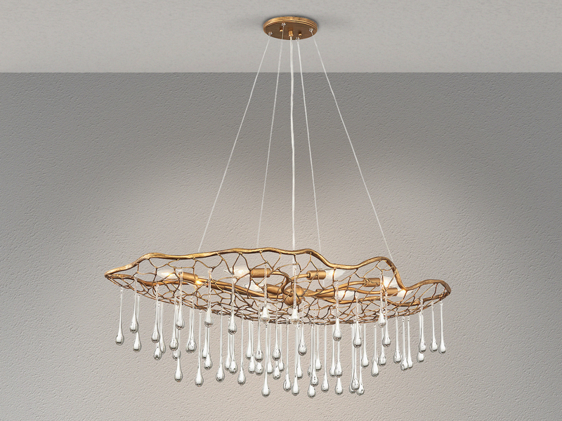 Ausgefallene große LED Pendelleuchte Gold matt mit Glas Behang, Breite 107cm