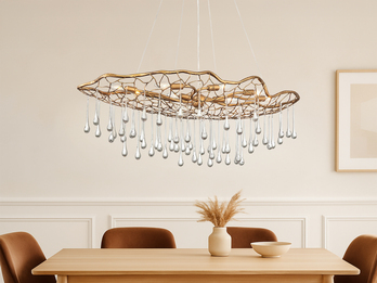 Ausgefallene große LED Pendelleuchte Gold matt mit Glas Behang, Breite 107cm