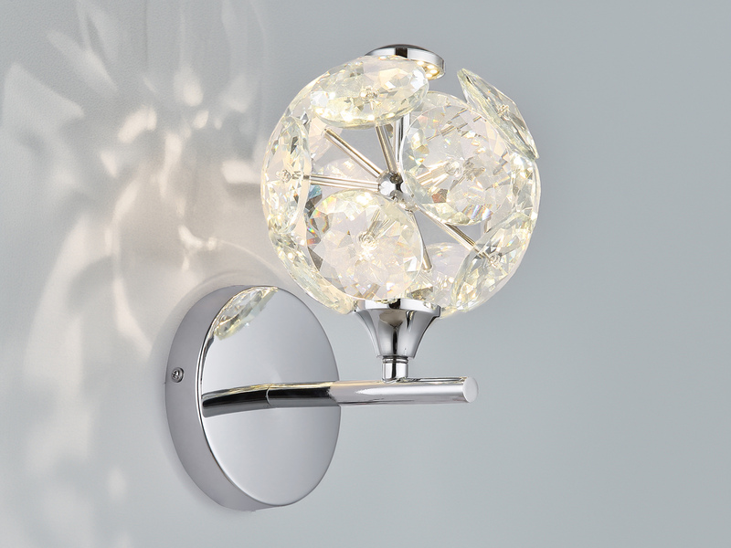 LED Wandleuchte VIRINA Silber Chrom mit Glaskugel aus K9 Kristallen, Höhe 24cm