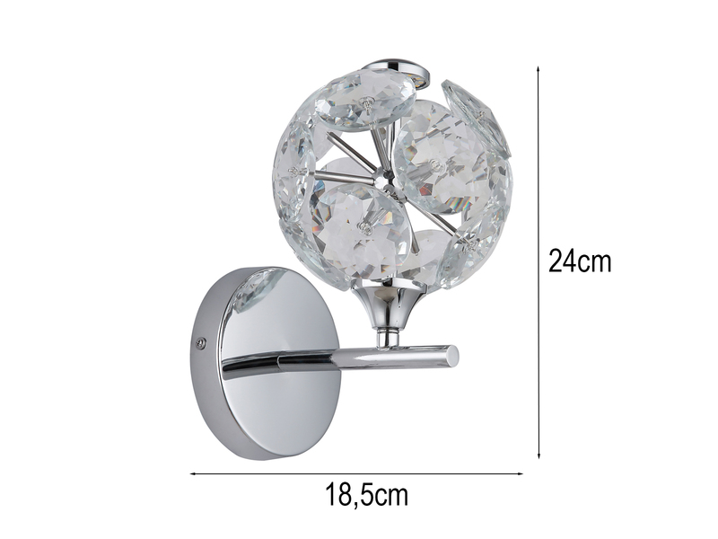 LED Wandleuchte VIRINA Silber Chrom mit Glaskugel aus K9 Kristallen, Höhe 24cm