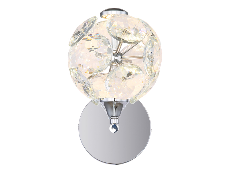 LED Wandleuchte VIRINA Silber Chrom mit Glaskugel aus K9 Kristallen, Höhe 24cm