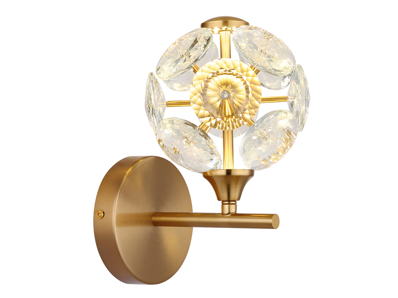 LED Wandleuchte VIRINA Gold mit Glaskugel aus K9 Kristallen, Höhe 24cm
