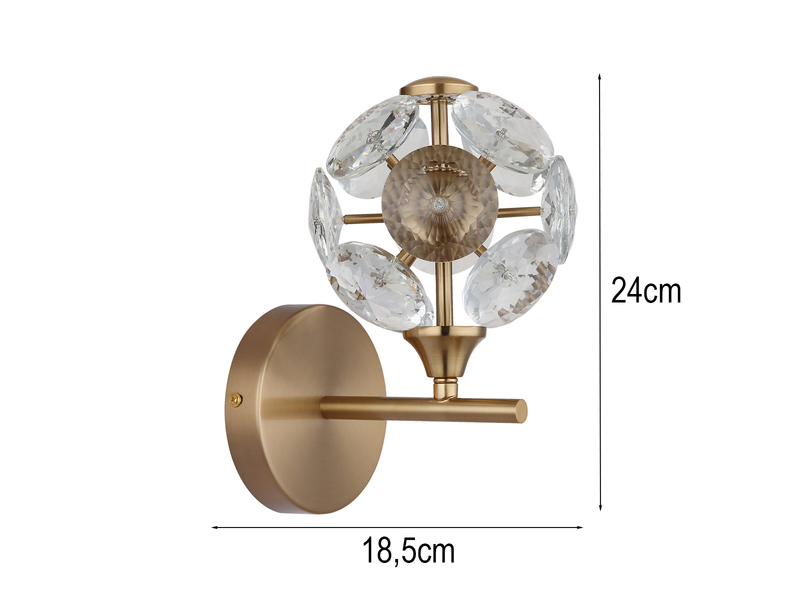 LED Wandleuchte VIRINA Gold mit Glaskugel aus K9 Kristallen, Höhe 24cm