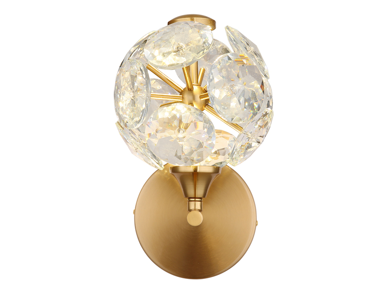 LED Wandleuchte VIRINA Gold mit Glaskugel aus K9 Kristallen, Höhe 24cm