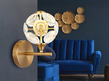 LED Wandleuchte VIRINA Gold mit Glaskugel aus K9 Kristallen, Höhe 24cm