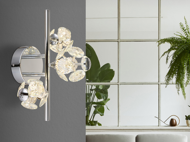 LED Wandleuchte VIRINA Silber Chrom mit Glaskugeln aus K9 Kristallen, Höhe 41cm