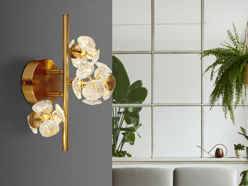 LED Wandleuchte VIRINA Gold mit Glaskugeln aus K9 Kristallen, Höhe 41cm