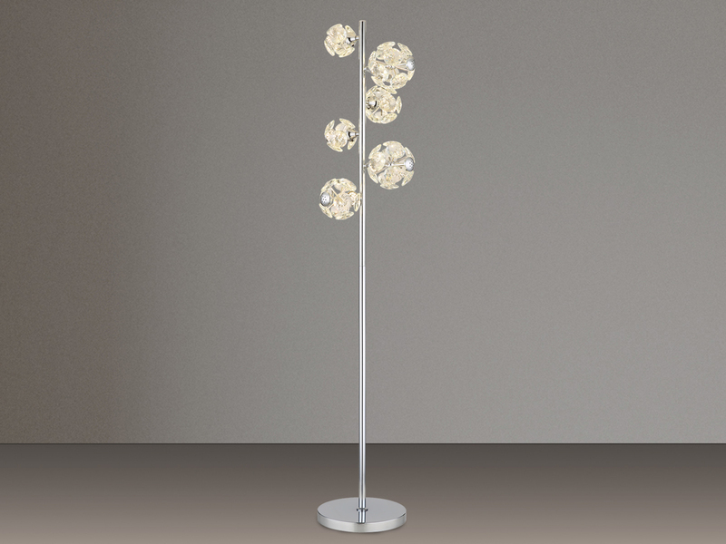 LED Stehleuchte VIRINA Silber Chrom mit fünf Kugeln aus K9 Kristallen, H: 155cm