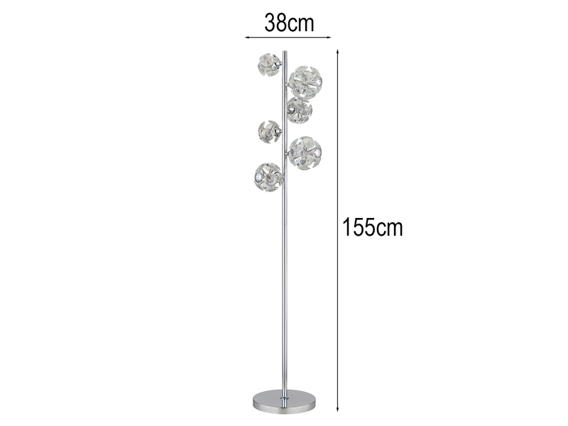 LED Stehleuchte VIRINA Silber Chrom mit fünf Kugeln aus K9 Kristallen, H: 155cm