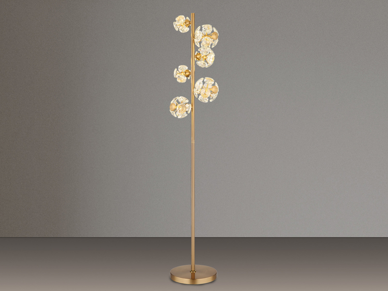LED Stehleuchte VIRINA Gold mit fünf Kugeln aus K9 Kristallen, Höhe 155cm